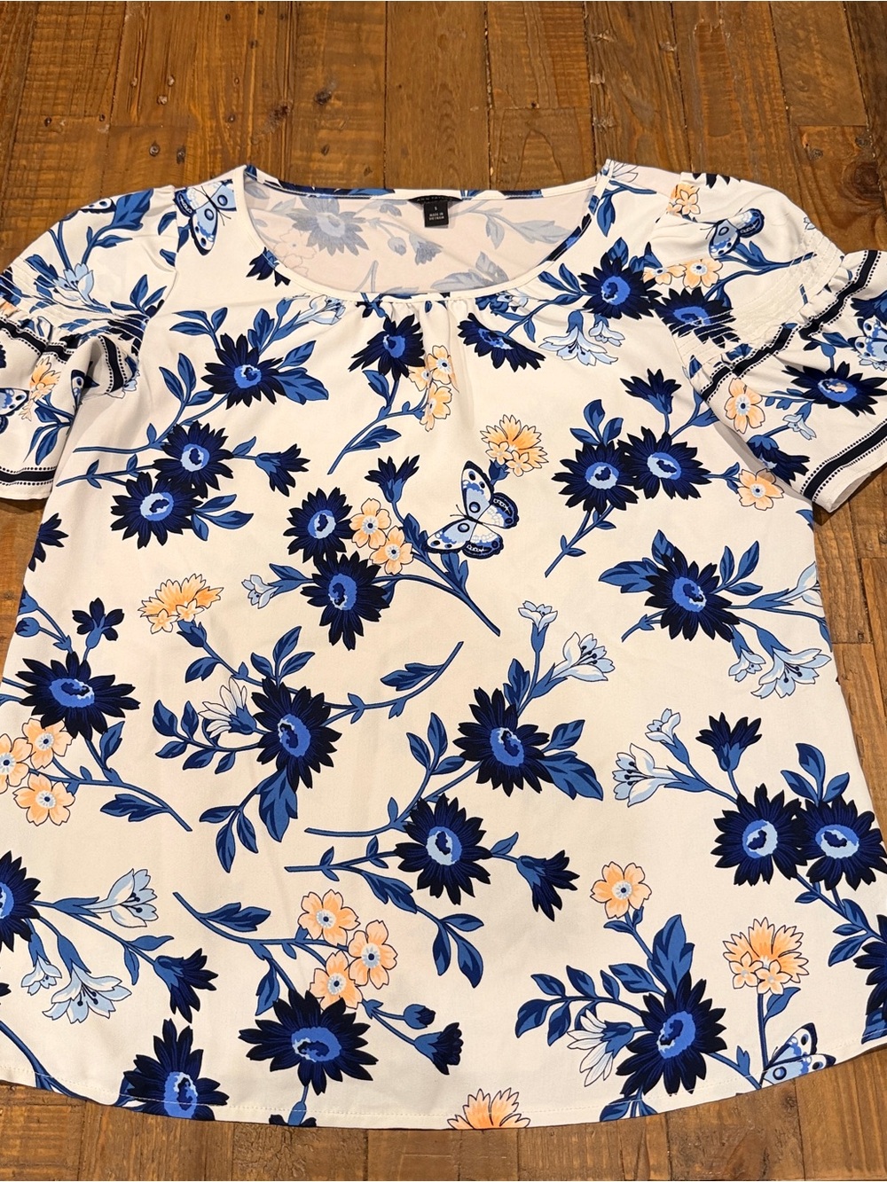 Ann Taylor White Floral Blouse with Blue & Peach Accents-